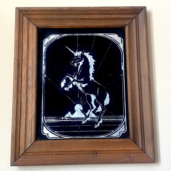 Vintage Unicorn Fantasy Carnival Glass Foil Art Novelty Picture Wood Framed 80s - Picture 6 of 6
